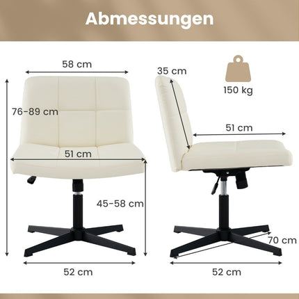Bürostuhl ohne Armlehnen Schreibtischstuhl mit breiter Sitzfläche &amp; Wippfunktion Kunstleder fürs Homeoffice Beige
