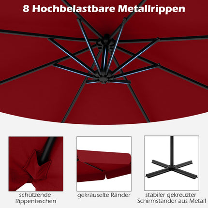 Parasol déporté de terrasse 305 cm avec housse, manivelle, rouge