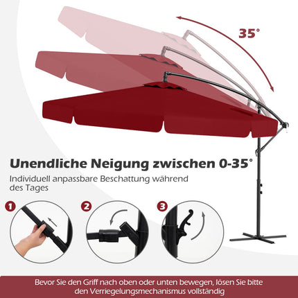 Parasol déporté de terrasse 305 cm avec housse, manivelle, rouge