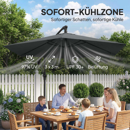 Parasol déporté de terrasse, 3 m, gris foncé, protection UPF 30+