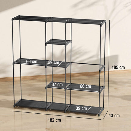 Offener Kleiderschrank mit 4 Einlegeböden, 2 Kleiderstangen, Schwarz