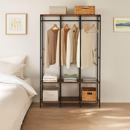 Armoire ouverte avec tringles et étagères - Structure en fer, panneaux en bois