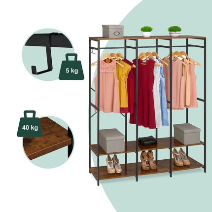 Armoire ouverte avec tringles et étagères - Structure en fer, panneaux en bois