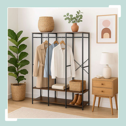 Armoire ouverte avec tringles et étagères - Structure en fer, panneaux en bois