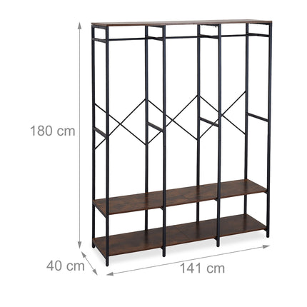 Armoire ouverte avec tringles et étagères - Structure en fer, panneaux en bois