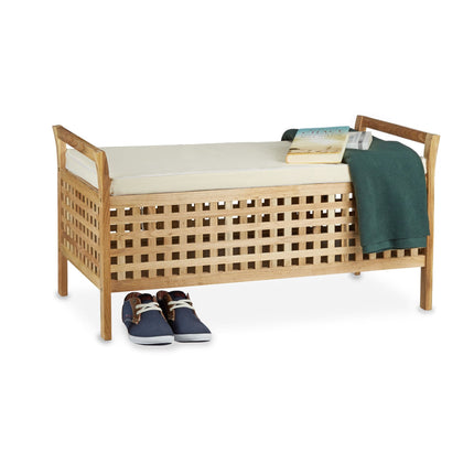 Ottoman Sitzbank Walnuss Aufbewahrungsbank mit Leinenkissen, Sitzbank mit Stauraum 46,5x92,6x49cm