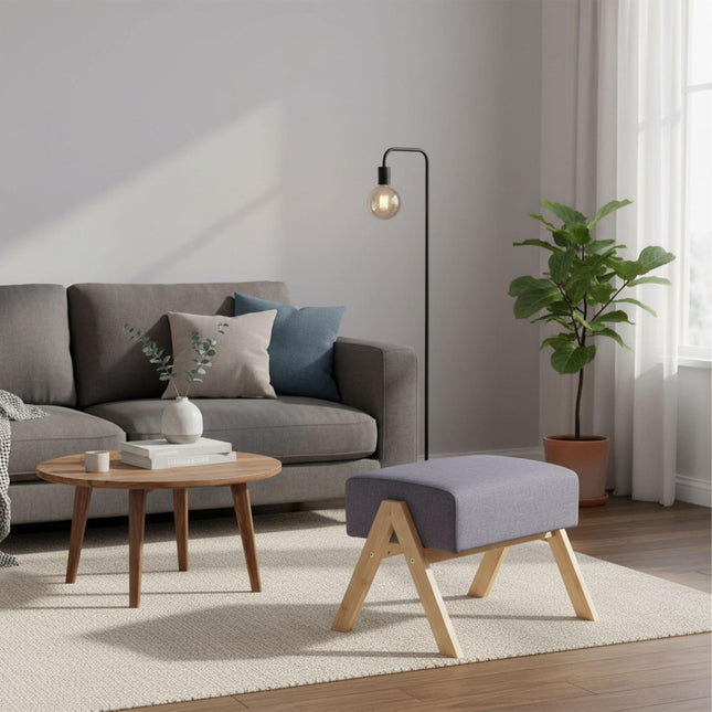 Pouf ottoman avec assise en tissu et pieds en bambou