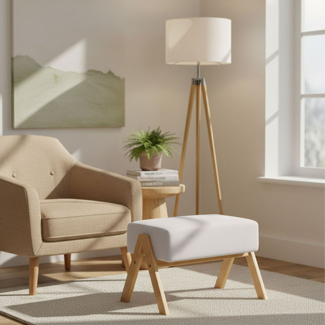 Pouf ottoman avec assise en tissu et pieds en bambou