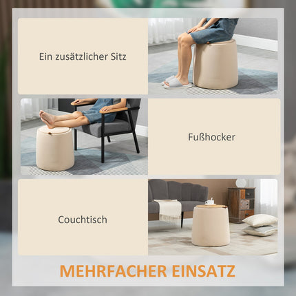 Beiger Samt-Aufbewahrungshocker, runder Hocker mit abnehmbarem Deckel