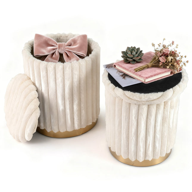 Ensemble pouf avec rangement, fausse fourrure, beige, 2 pièces