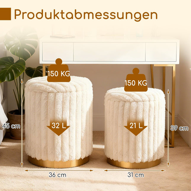 Ensemble pouf avec rangement, fausse fourrure, beige, 2 pièces