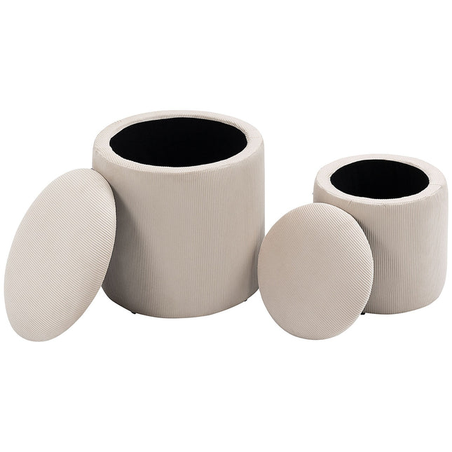 Tabouret ottoman, lot de deux, avec espace de rangement, revêtement moelleux, revêtement aspect velours côtelé, blanc crème, 40 x 40 x 41 cm