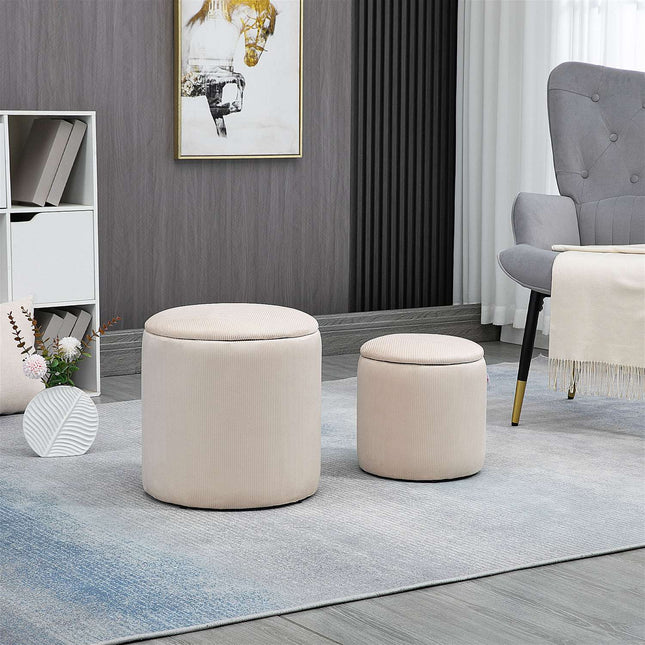 Tabouret ottoman, lot de deux, avec espace de rangement, revêtement moelleux, revêtement aspect velours côtelé, blanc crème, 40 x 40 x 41 cm
