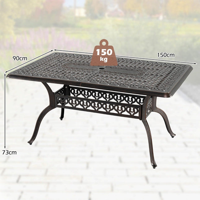 Outdoor-Esstisch aus Aluminium mit Schirmloch, 150x90 cm