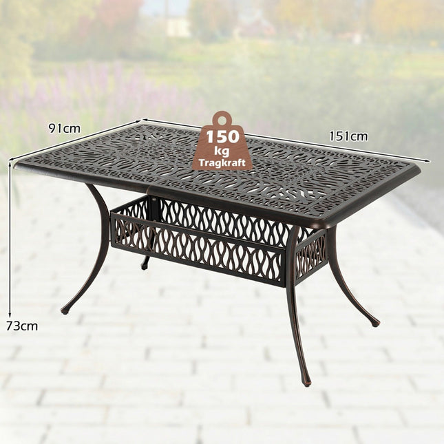 Table de patio extérieure en aluminium avec trou pour parasol, 151 x 91 cm