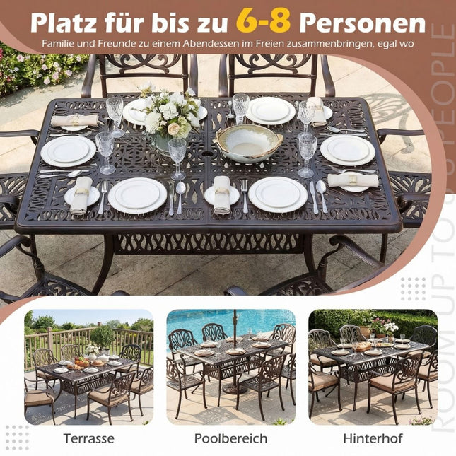 Table de patio extérieure en aluminium avec trou pour parasol, 151 x 91 cm