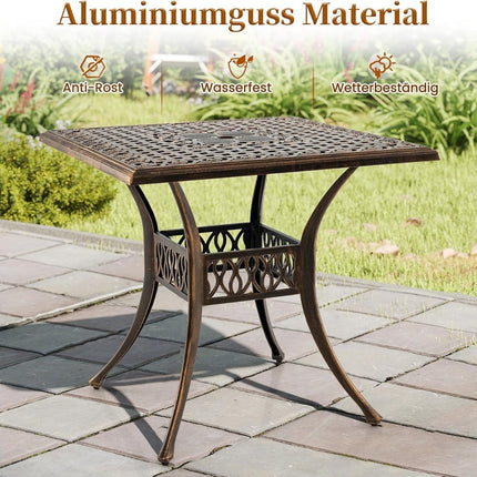 Table de patio extérieure en aluminium avec trou pour parasol, 80 x 80 cm