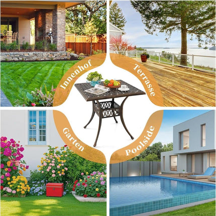 Table de patio extérieure en aluminium avec trou pour parasol, 80 x 80 cm