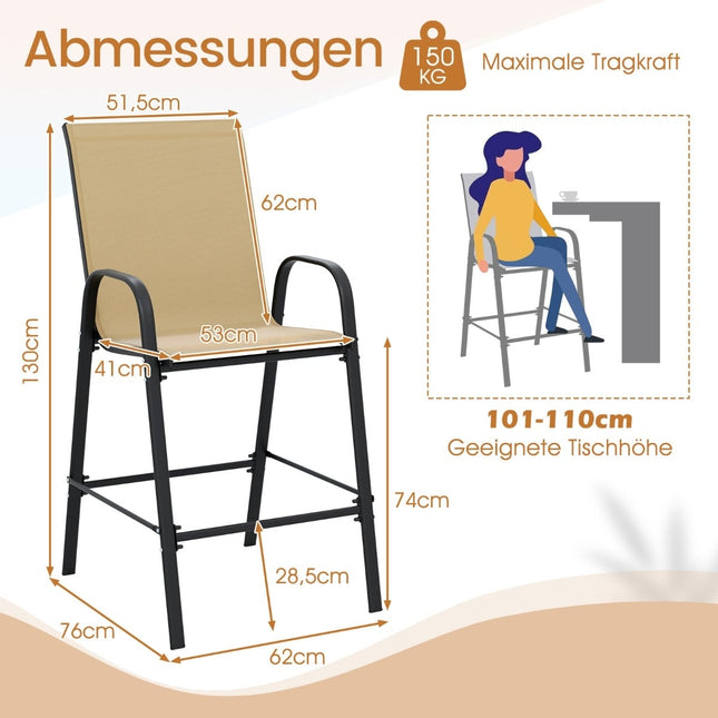 Ensemble de tabourets de bar d'extérieur, dossier haut et accoudoirs, capacité de charge de 150 kg