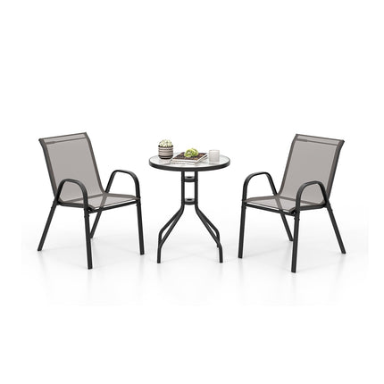 Ensemble bistro d'extérieur - 2 chaises empilables, table ronde, gris