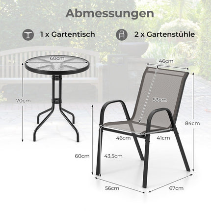 Ensemble bistro d'extérieur - 2 chaises empilables, table ronde, gris