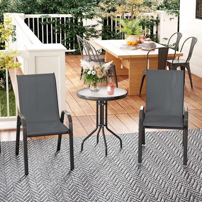 Ensemble bistro d'extérieur - 3 pièces, chaises empilables, table en verre