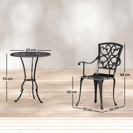 Ensemble bistro d'extérieur, en fonte d'aluminium, table et 2 chaises, noir
