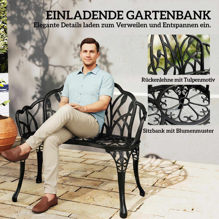 Banc de jardin extérieur en aluminium moulé, noir, 2 places