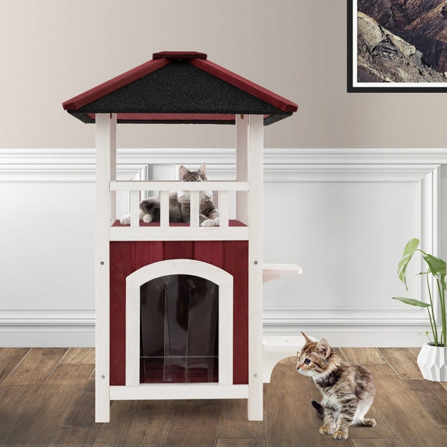 Outdoor-Katzenhaus mit Balkon, Bitumendach, PVC-Vorhang