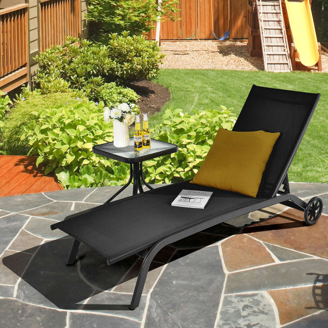 Gartenliege – 6-fach verstellbar, Rollen, Schwarz