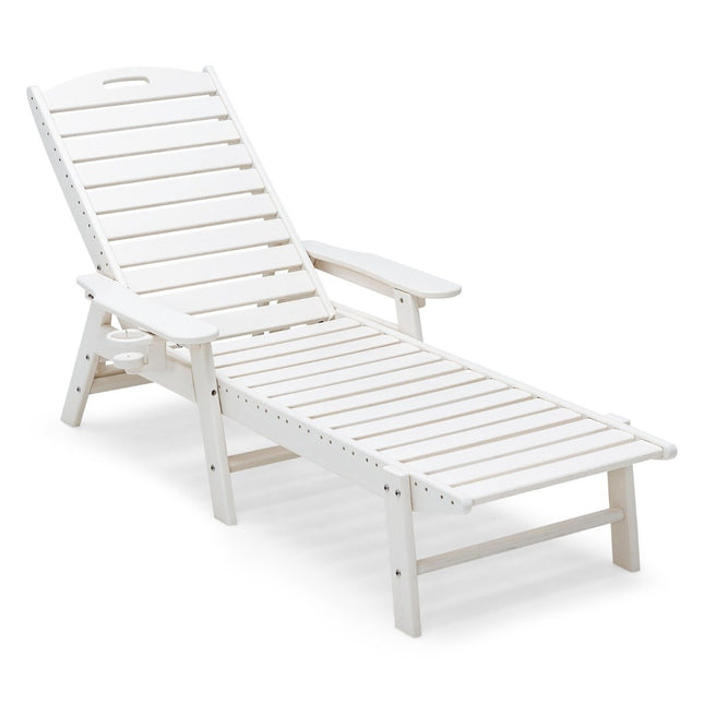 Chaise longue d'extérieur, Patio, chaise longue en PEHD, dossier réglable, blanc