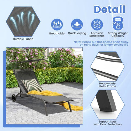 Outdoor-Chaiselongue mit Sonnendach, Rollen, Metallrahmen