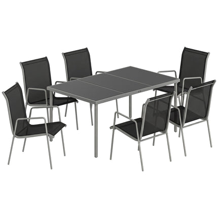 Ensemble de salle à manger d'extérieur, 7 pièces, table en verre et chaises empilables