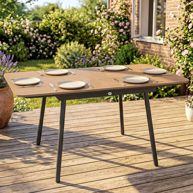 Table de jardin 140 x 80 cm, 6 couverts, plateau en teck composite.