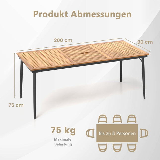 Esstisch für draußen mit Sonnenschirmloch, Akazienholz, für 8 Personen