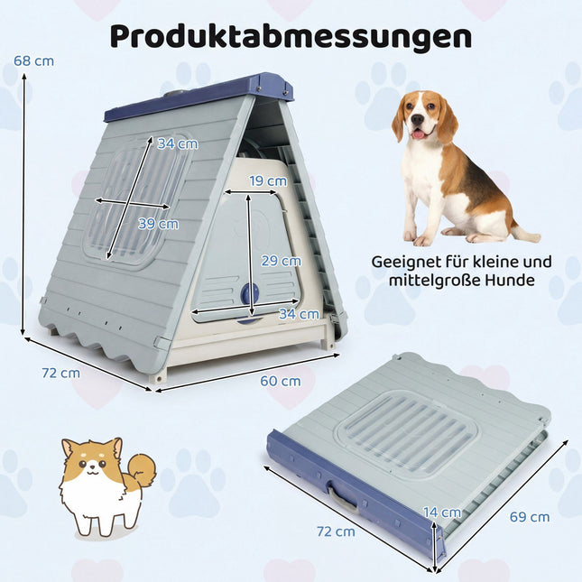 Niche d'extérieur pour chien, fenêtres aérées, pliable, bleue
