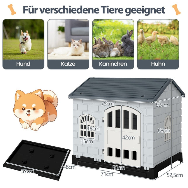 Niche extérieure pour chien avec porte, 3 fenêtres et plancher amovible