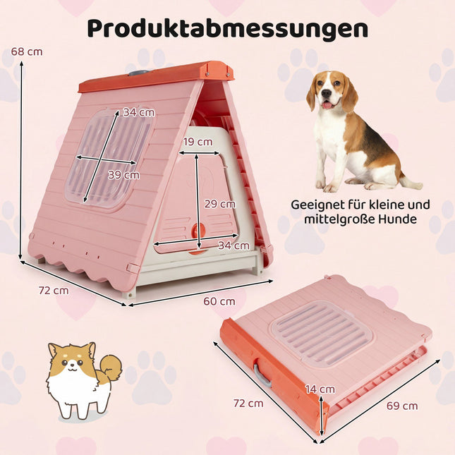 Niche d'extérieur pour chien avec fenêtres d'aération, pliable, rose