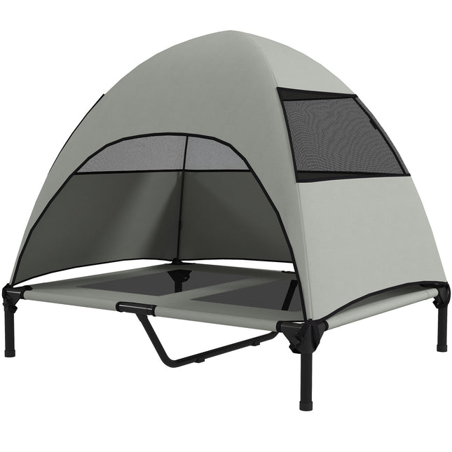 Chaise longue d'extérieur pour chien avec toit, lit surélevé pour grands chiens, chaise longue rafraîchissante avec cadre en métal lavable et sac de transport, lit pour animal de compagnie pour camping en plein air 91 x 76 x 90 cm, gris clair |