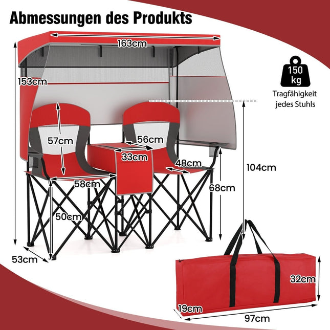 Chaise de camping double d'extérieur avec pare-soleil réglable