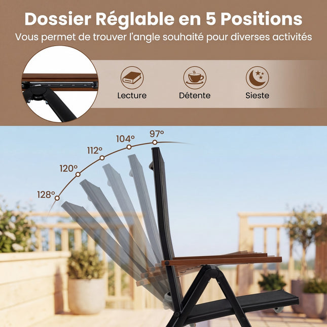 Outdoor-Klappgartenstühle 4er-Set, 5-fach verstellbar, Schwarz