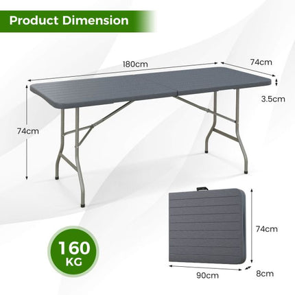 Table pliante d'extérieur 180 x 74 cm, plateau en PEHD, pieds en métal