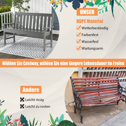 Banc de jardin extérieur, PEHD, 132 cm, résistant aux intempéries, gris