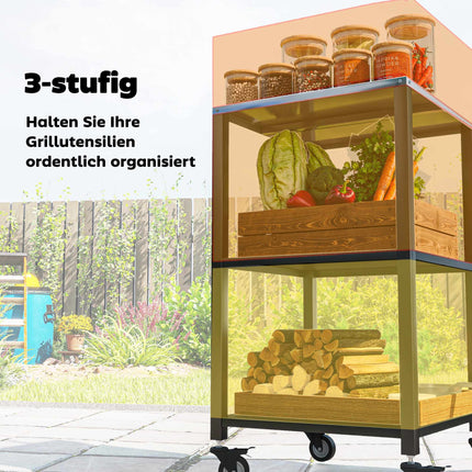 Outdoor Grillwagen, 3-stöckig, Edelstahl, fahrbar, 50x50x90 cm
