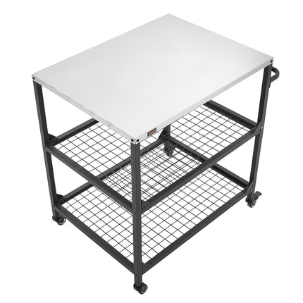 Outdoor Grill Cart, Stainless Top, 2 Mesh Shelves, Wheels