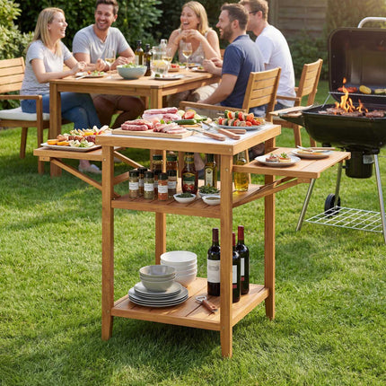 Outdoor-Grilltisch, Akazienholz, Kunstmarmorplatte, klappbare Seiten