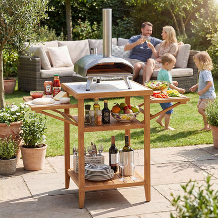 Outdoor-Grilltisch, Akazienholz, Kunstmarmorplatte, klappbare Seiten