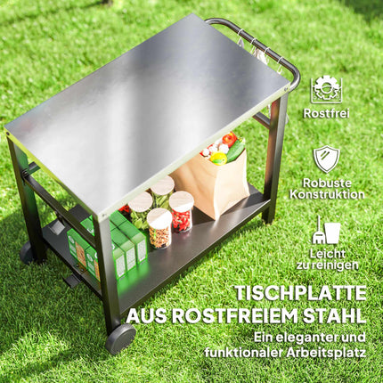Outdoor-Grilltisch mit Edelstahlplatte und Rollen