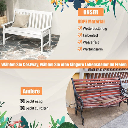 Banc de jardin extérieur en PEHD, résistant aux intempéries, 2-3 places, blanc
