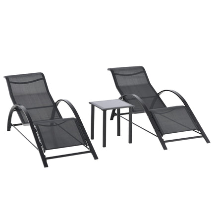 Outdoor-Lounge-Set, 2 Liegesessel & Beistelltisch, schwarzer Stoff